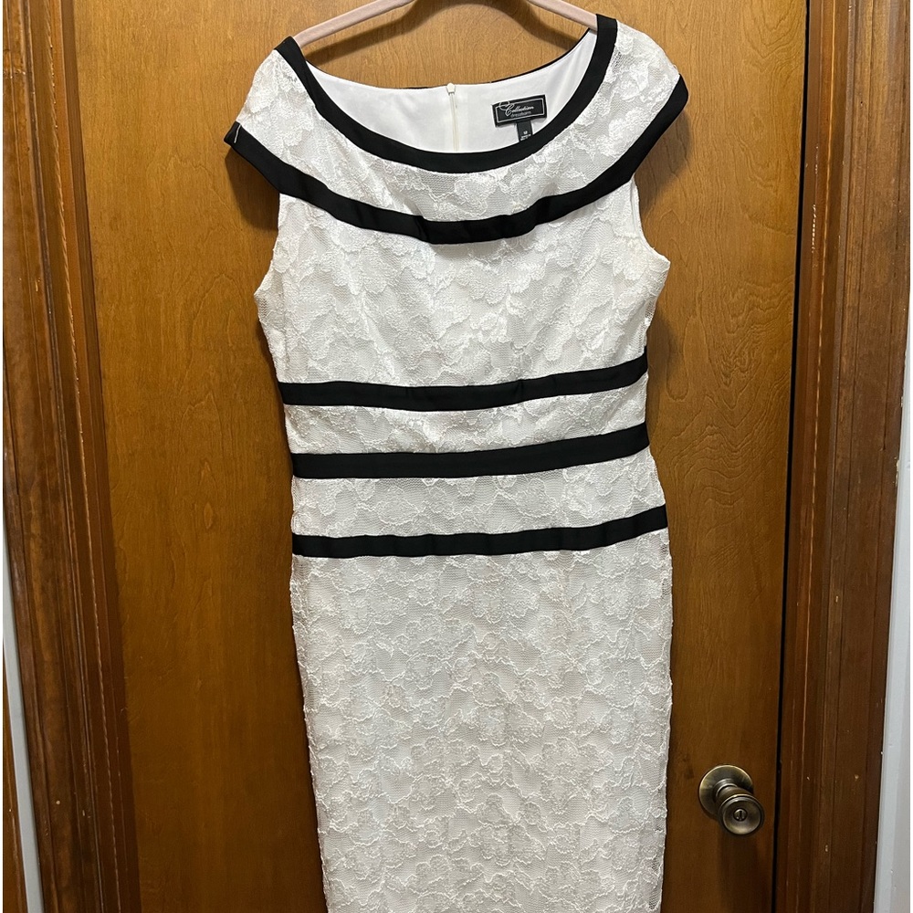 Dress Barn Women's Cream white Lace with Black Stripes Dress Size 12